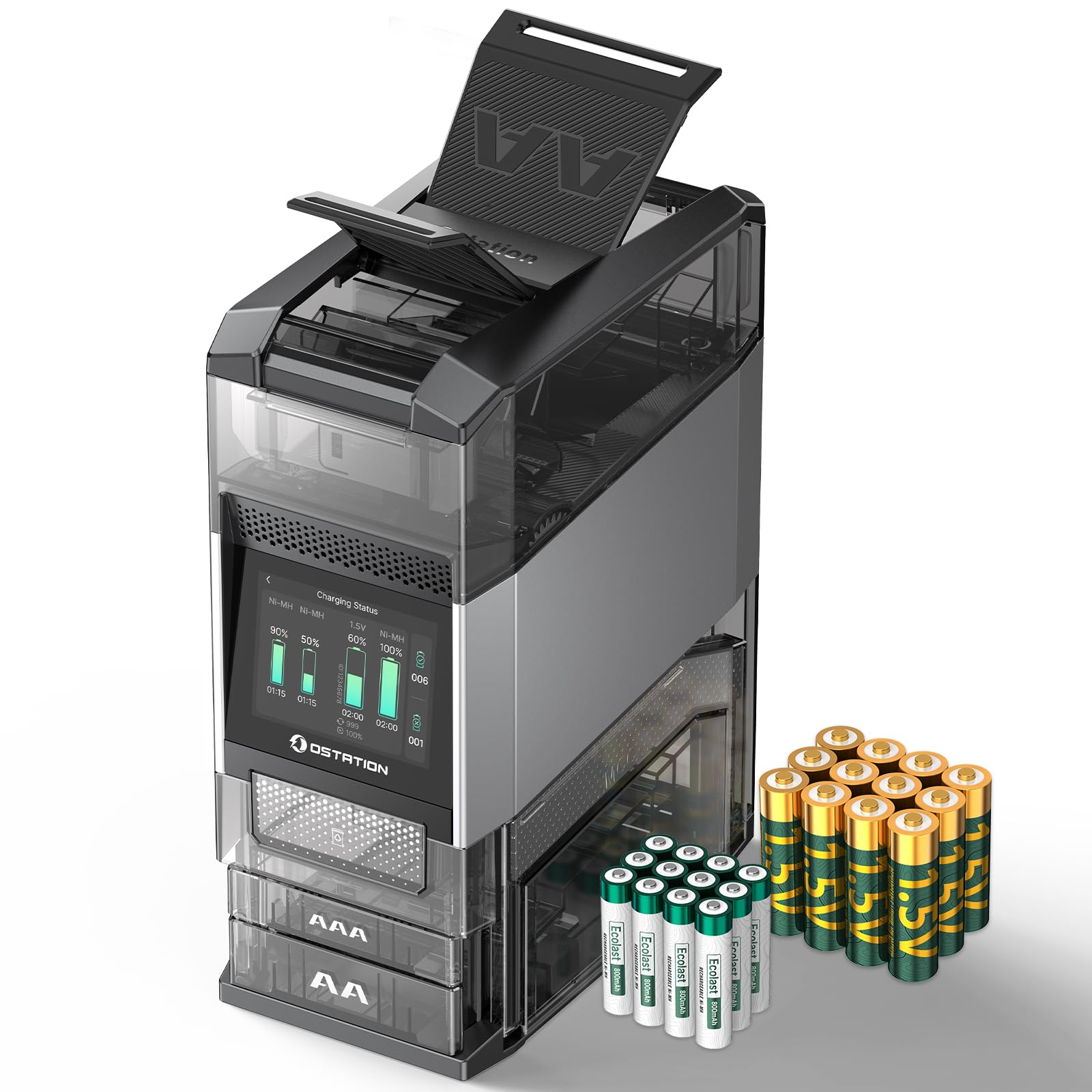 Ostation 2 Pro Smart AA & AAA Battery Charging Station with 12 AA Li-ion Batteries, 12 AAA NiMH Batteries, Touchscreen App Control & Auto Battery Sorting - Dynamic Power Supply - Battery Charger