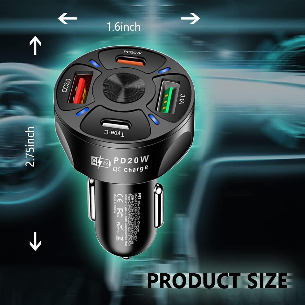 PD20W USB-C & QC3.0 Fast Car Charger Adapter – 4-Port Vehicle Charger with Power Delivery, Quick Charge & LED Indicator - Dynamic Power Supply - Car Charger