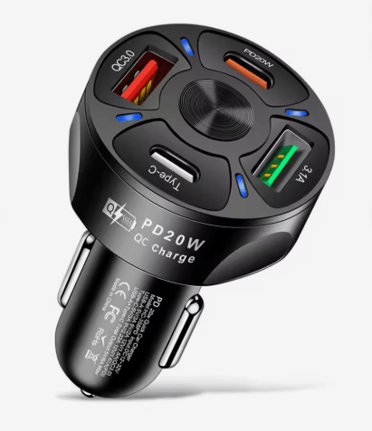 PD20W USB-C & QC3.0 Fast Car Charger Adapter – 4-Port Vehicle Charger with Power Delivery, Quick Charge & LED Indicator - Dynamic Power Supply - Car Charger