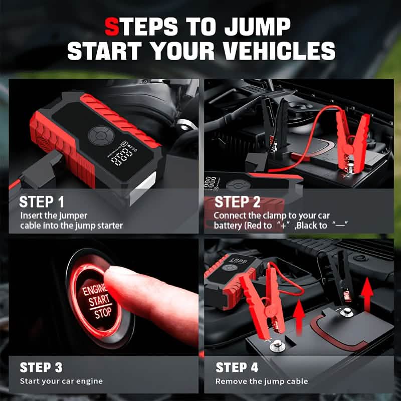 Portable 12V Car Jump Starter, Battery Charger, Air Pump (LED Display) - Dynamic Power Supply - Automotive