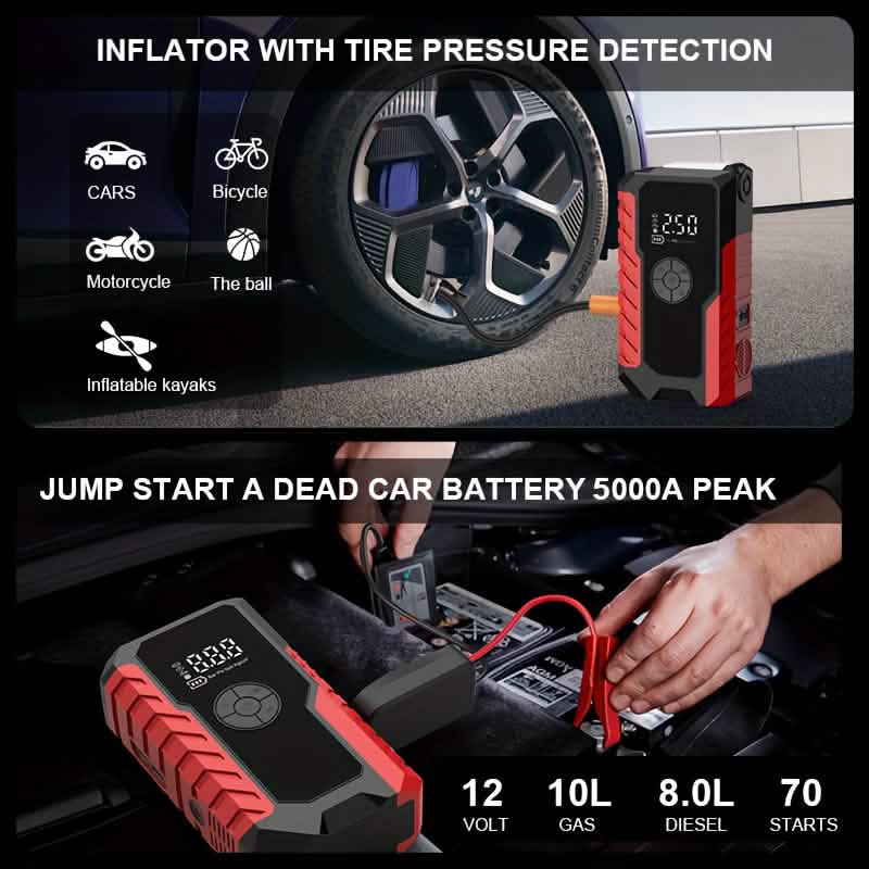 Portable 12V Car Jump Starter, Battery Charger, Air Pump (LED Display) - Dynamic Power Supply - Automotive