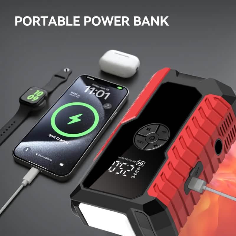 Portable 12V Car Jump Starter, Battery Charger, Air Pump (LED Display) - Dynamic Power Supply - Automotive