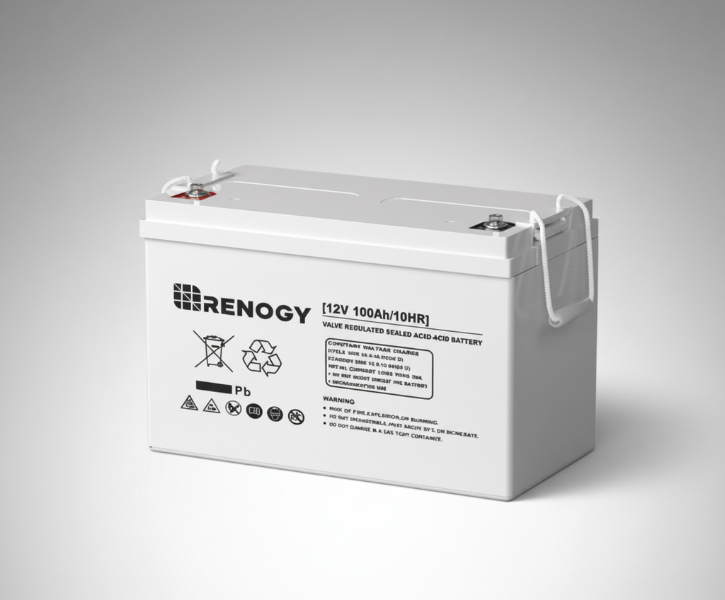 A Deep Cycle AGM Battery 12 Volt 100Ah with a handle, terminals, and warning labels is displayed on a neutral gray background.