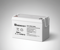 A Deep Cycle AGM Battery 12 Volt 100Ah with a handle, terminals, and warning labels is displayed on a neutral gray background.