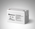 A Deep Cycle AGM Battery 12 Volt 100Ah with a handle, terminals, and warning labels is displayed on a neutral gray background.