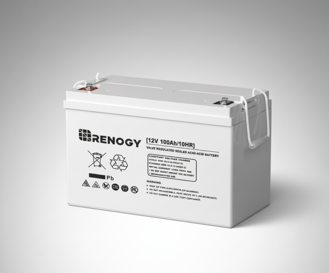 A Deep Cycle AGM Battery 12 Volt 100Ah with a handle, terminals, and warning labels is displayed on a neutral gray background.