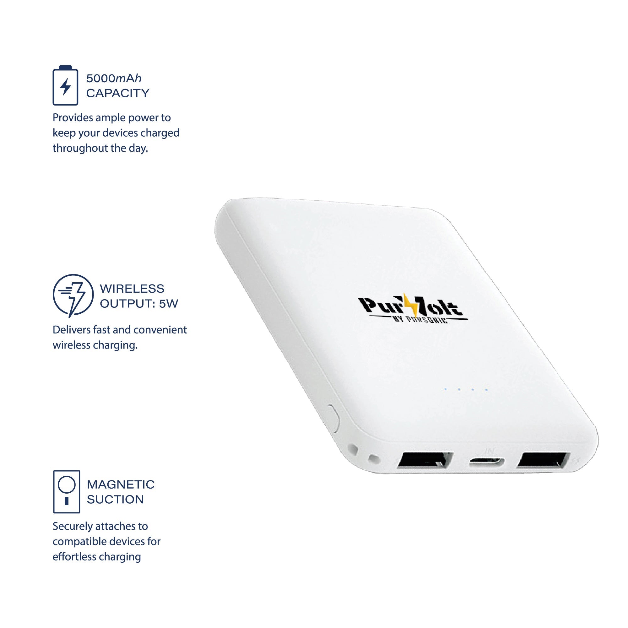 Pursonic Ultra-Compact 5000mAh Wireless Power Bank - Dynamic Power Supply - Travel
