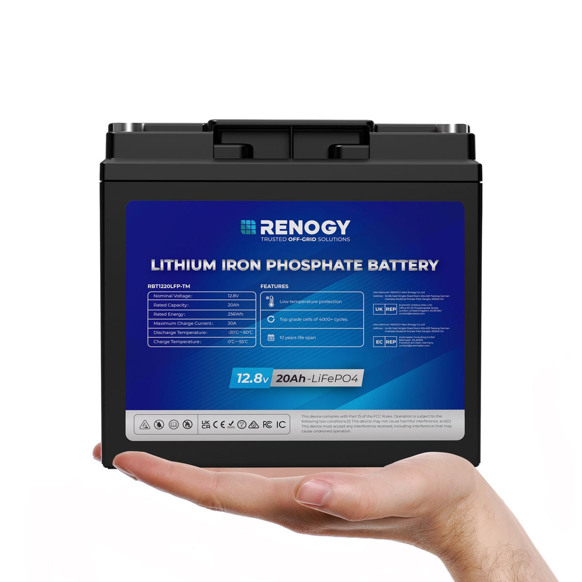 Renogy Rego 12V 20Ah LiFePO₄ Mini Battery – IP65 Waterproof Lithium Deep Cycle Battery with 20A BMS for Trolling Motors, Kayaks, Solar & Backup Power - Dynamic Power Supply - Deep Cycle Battery