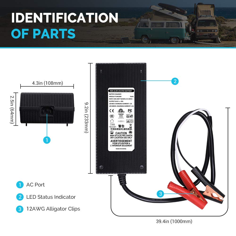 Renogy Smart LiFePO₄ Battery Charger – 12V 20A / 24V 10A AC-to-DC Portable Charger with Alligator Clips & Ring Terminals - Dynamic Power Supply - Battery Charger