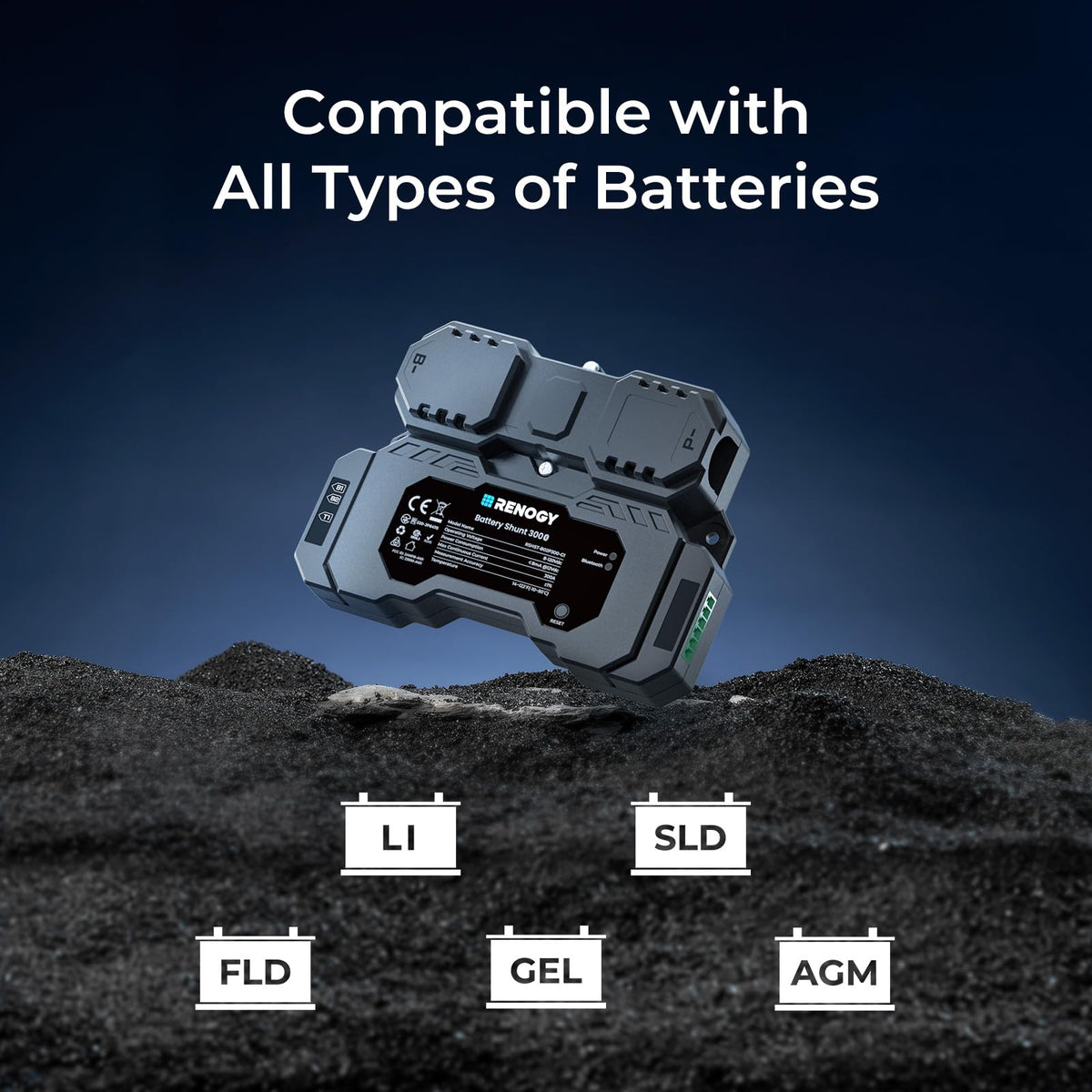 Renogy Solar Battery Monitor Shunt 300 – 500A Bluetooth Smart Battery Monitor for LiFePO₄, AGM & Lead Acid Batteries - Dynamic Power Supply - Battery Shunt