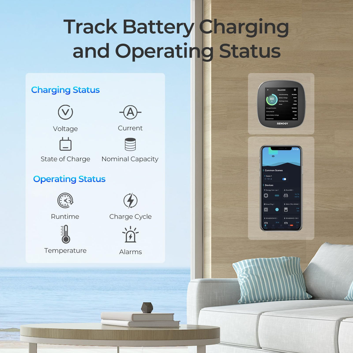 Renogy Solar Battery Monitor Shunt 300 – 500A Bluetooth Smart Battery Monitor for LiFePO₄, AGM & Lead Acid Batteries - Dynamic Power Supply - Battery Shunt