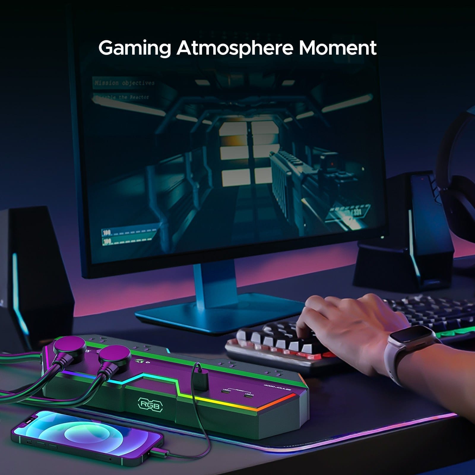 RGB Gaming Surge Protector Power Strip with 6 Outlets & USB Charging - Dynamic Power Supply - Gaming surge protector