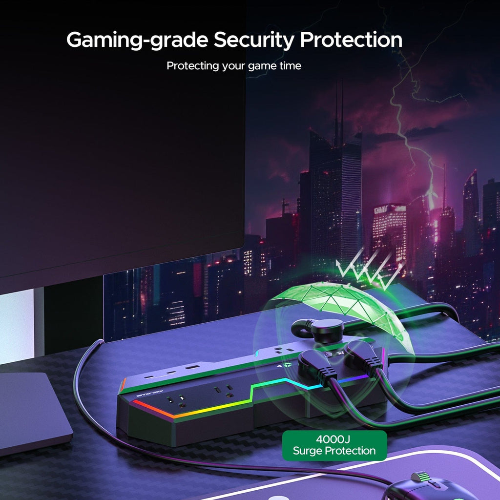 RGB Gaming Surge Protector Power Strip with 6 Outlets & USB Charging - Dynamic Power Supply - Gaming surge protector