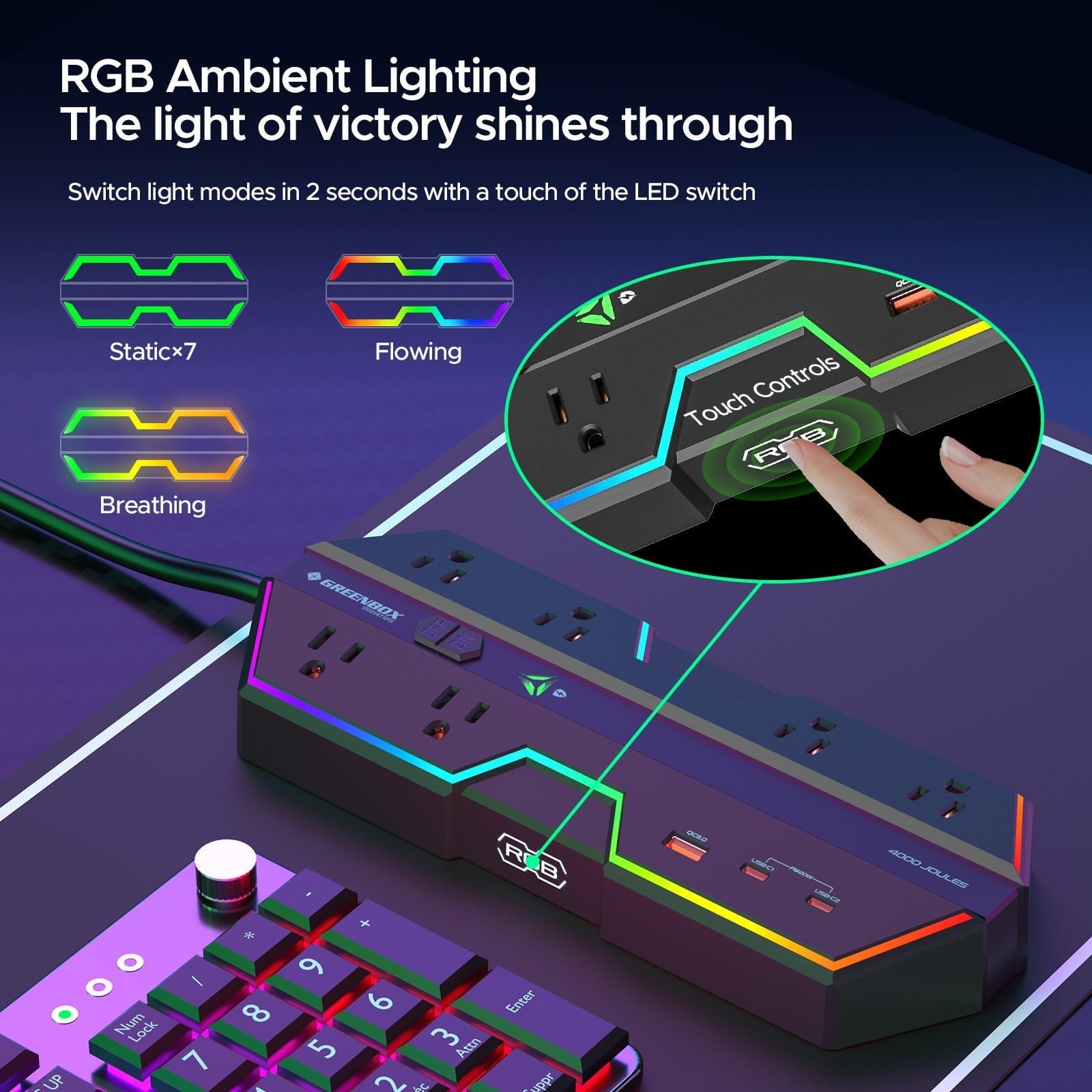 RGB Gaming Surge Protector Power Strip with 6 Outlets & USB Charging - Dynamic Power Supply - Gaming surge protector