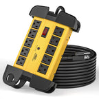 The CRST 10-Outlet Metal Surge Protector Power Strip features ten black outlets, a red power switch, a yellow metal body, mounting holes, and a long heavy-duty black cord with management wrap and three-prong plug.