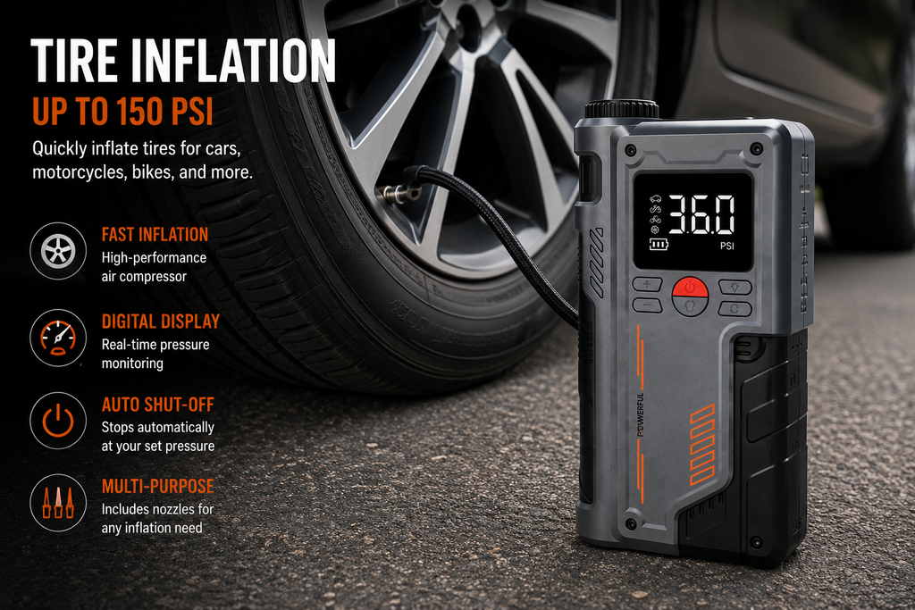 The 8000mAh Portable Jump Starter & Air Compressor w/ USB-C shows 36.0 PSI on its digital display while inflating a car tire, featuring fast inflation, auto shut-off, multi-purpose use, and up to 150 PSI capacity—an emergency essential for any driver.