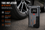 The 8000mAh Portable Jump Starter & Air Compressor w/ USB-C shows 36.0 PSI on its digital display while inflating a car tire, featuring fast inflation, auto shut-off, multi-purpose use, and up to 150 PSI capacity—an emergency essential for any driver.