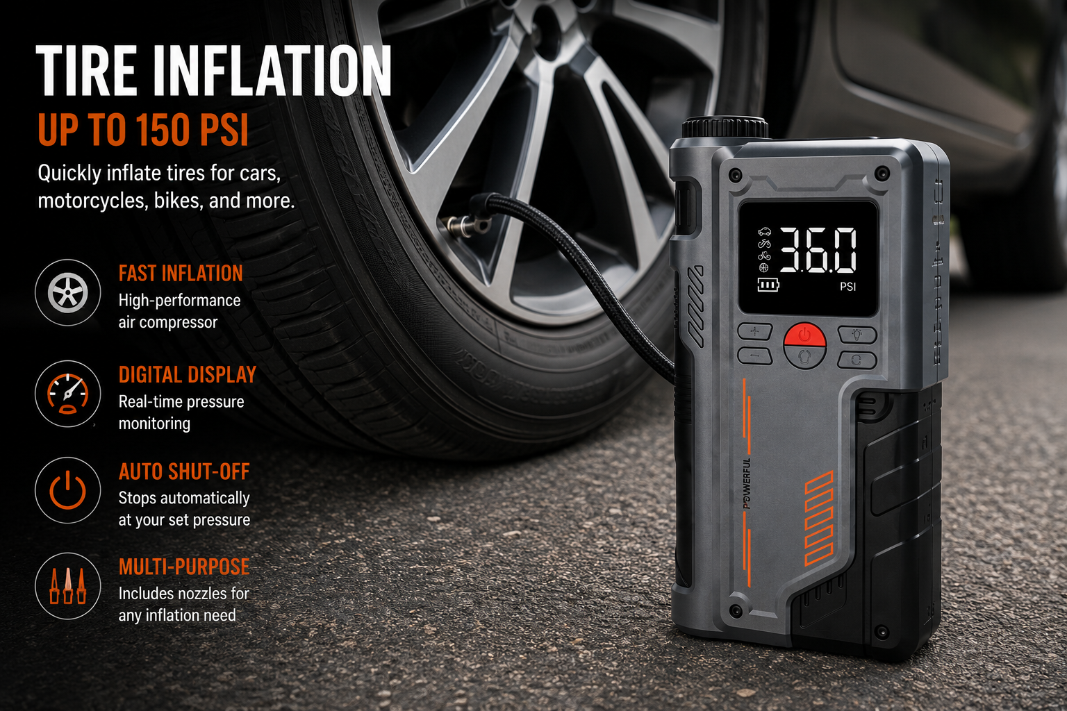 The 8000mAh Portable Jump Starter & Air Compressor w/ USB-C shows 36.0 PSI on its digital display while inflating a car tire, featuring fast inflation, auto shut-off, multi-purpose use, and up to 150 PSI capacity—an emergency essential for any driver.