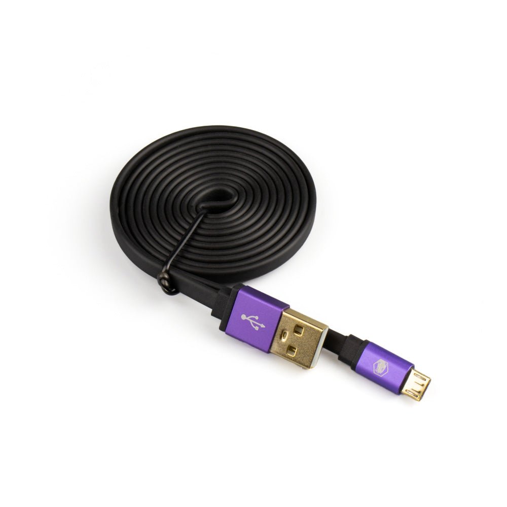 A coiled black USB-A 2.0 to Micro USB Cable with gold-plated connectors and purple housings, featuring a standard USB-A plug on one end and a micro-USB plug on the other—perfect for charging or connecting devices like an Xbox One controller or PS4 controller—displayed against a white background.
