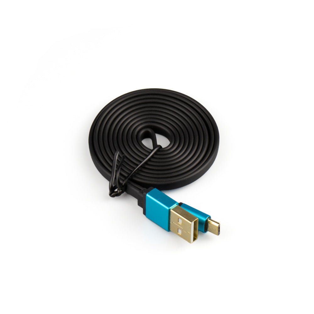A USB-A 2.0 to Micro USB Cable featuring a coiled black design with blue connectors, equipped with a standard USB-A plug on one end and a micro-USB plug on the other—ideal for charging devices such as a PS4 controller or Xbox One controller—is displayed on a white background.
