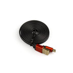 A USB-A 2.0 to Micro USB Cable in black, featuring red and gold connectors, is coiled neatly on a white background.