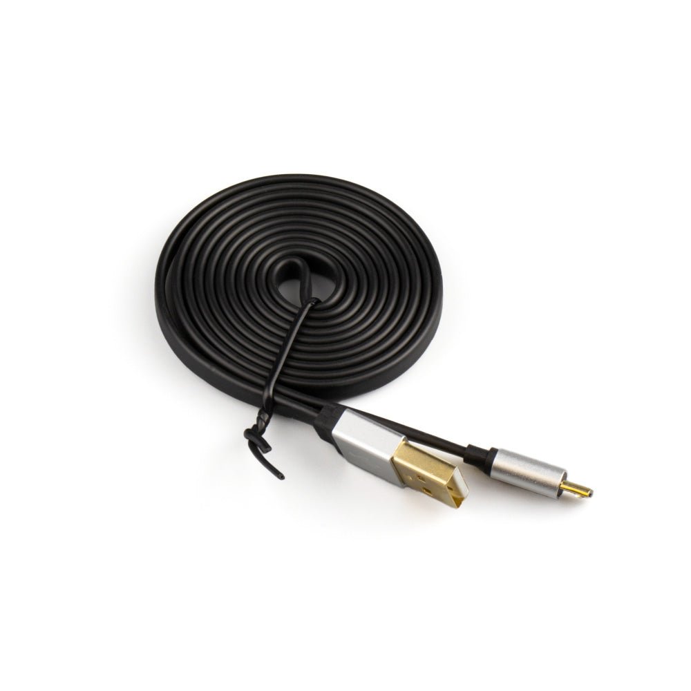 Featuring a sleek design highlighted against a white background, the USB-A 2.0 to Micro USB Cable is a coiled black cable with gold-plated connectors on both ends—USB-A on one side and Micro USB on the other. This versatile accessory can also serve as a gaming charging cable, making it an ideal choice for those seeking reliability.
