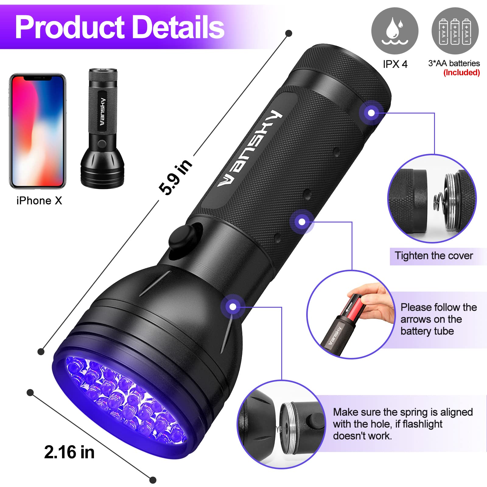 Vansky Black Light UV Flashlight, Upgraded 51 LED 395nm Blacklight Pet Urine Detector for Dog/Cat Urine, Dry Stains, Bed Bug, Matching with Pet Odor Eliminator(Batteries are Included) - Dynamic Power Supply - 