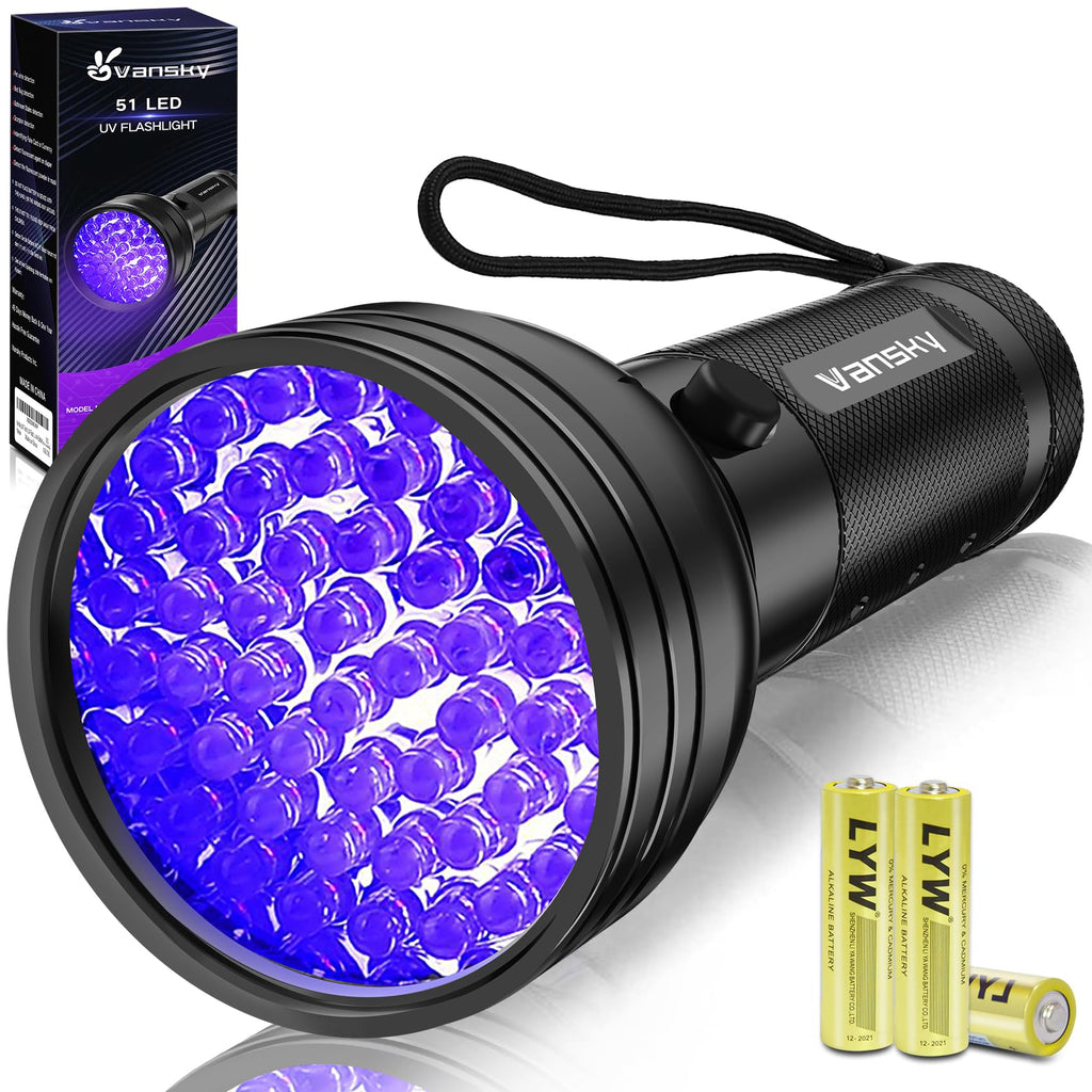 Vansky Black Light UV Flashlight, Upgraded 51 LED 395nm Blacklight Pet Urine Detector for Dog/Cat Urine, Dry Stains, Bed Bug, Matching with Pet Odor Eliminator(Batteries are Included) - Dynamic Power Supply - 