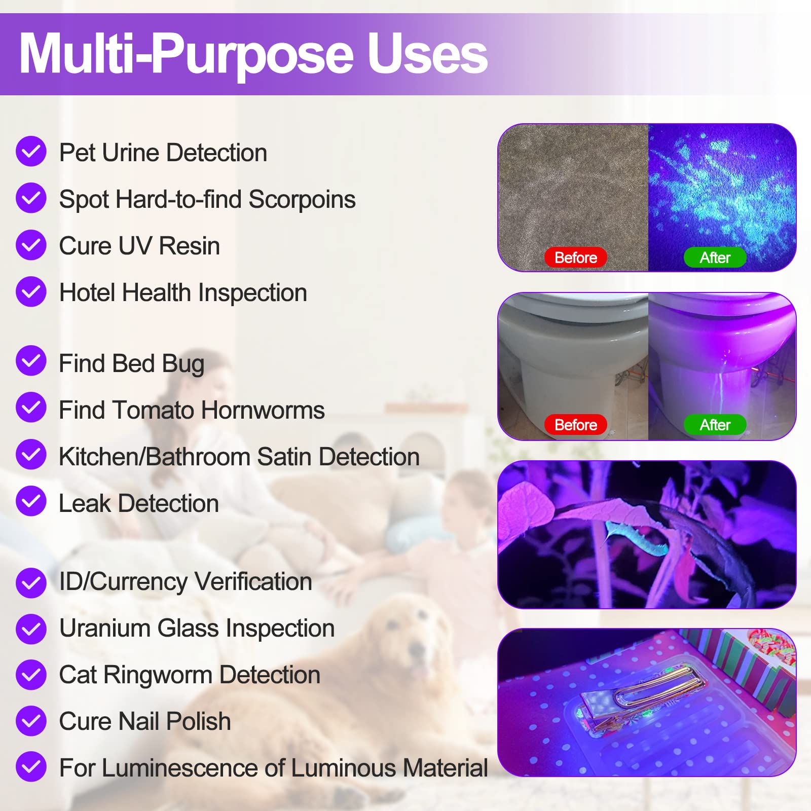Vansky Black Light UV Flashlight, Upgraded 51 LED 395nm Blacklight Pet Urine Detector for Dog/Cat Urine, Dry Stains, Bed Bug, Matching with Pet Odor Eliminator(Batteries are Included) - Dynamic Power Supply - 